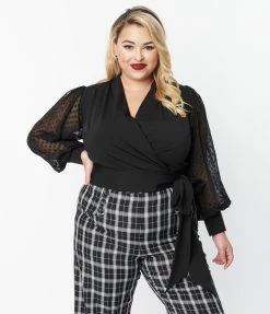 Unique Vintage Plus Size Black Clip Dot Giselle Wrap Top New Arrivals!
