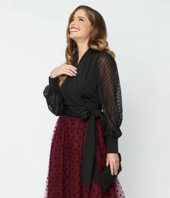 Unique Vintage Black Clip Dot Giselle Wrap Top