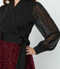 Unique Vintage Black Clip Dot Giselle Wrap Top