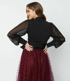 Unique Vintage Black Clip Dot Giselle Wrap Top