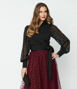 Unique Vintage Black Clip Dot Giselle Wrap Top