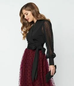 Unique Vintage Black Clip Dot Giselle Wrap Top