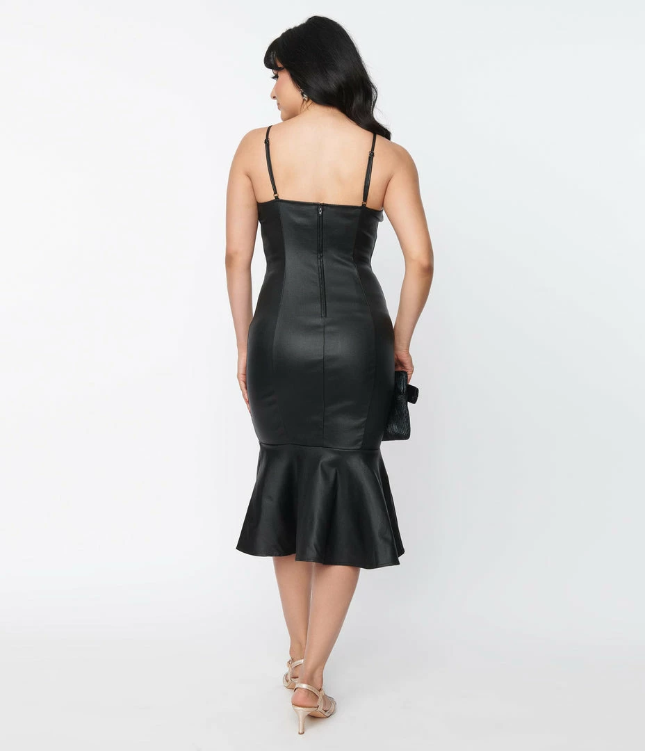 Unique Vintage Black Vegan Leather Rizzo Wiggle Dress Clothing