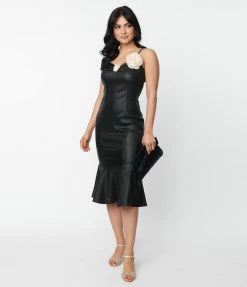 Unique Vintage Black Vegan Leather Rizzo Wiggle Dress Clothing