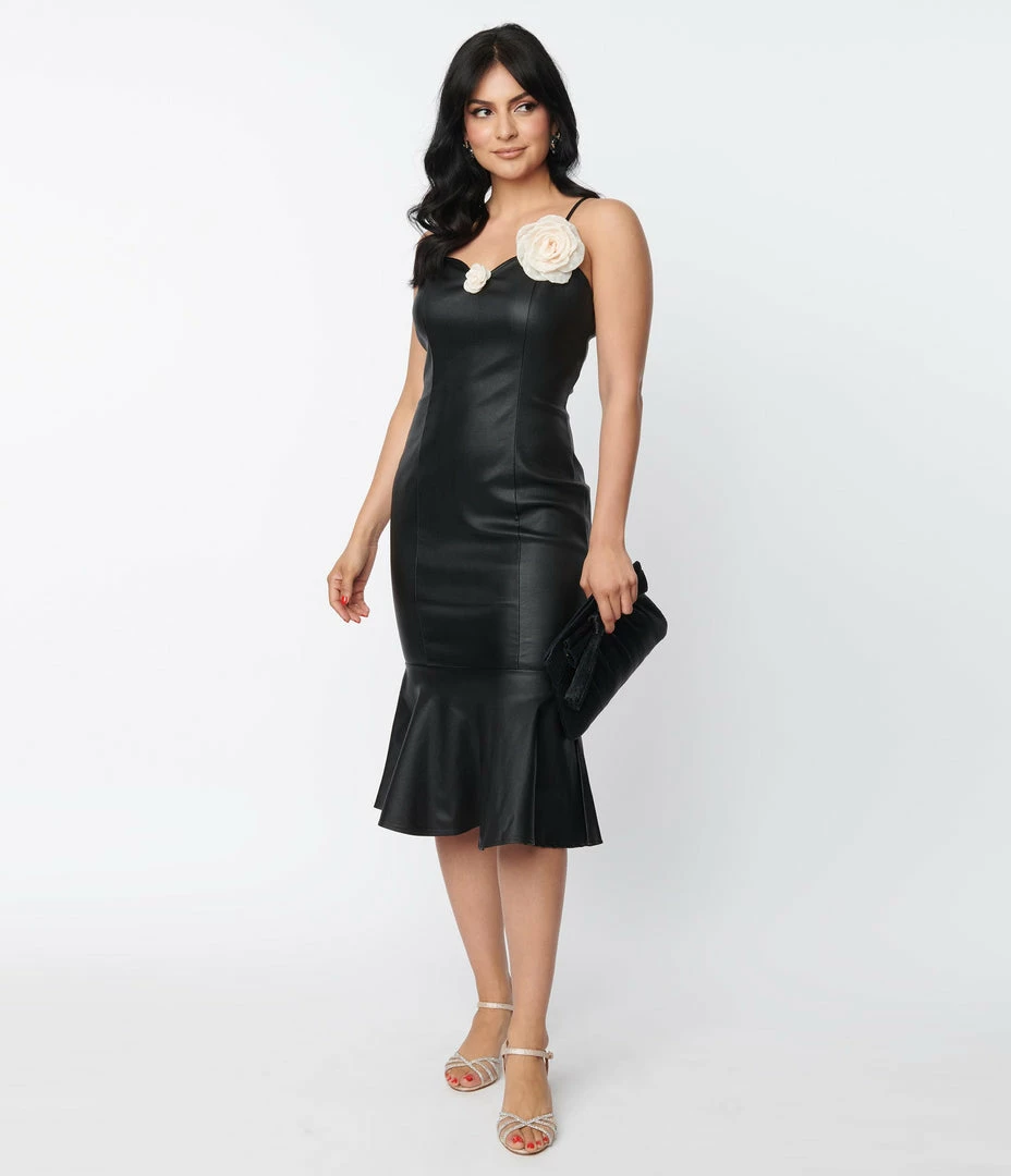 Unique Vintage Black Vegan Leather Rizzo Wiggle Dress Clothing