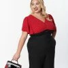 Unique Vintage Plus Size Red & Black Dot Flutter Sleeve Blouse New Arrivals!