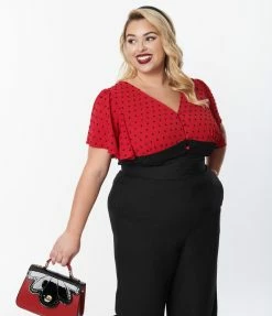 Unique Vintage Plus Size Red & Black Dot Flutter Sleeve Blouse New Arrivals!