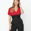 Unique Vintage Red & Black Dot Flutter Sleeve Blouse