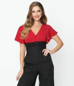 Unique Vintage Red & Black Dot Flutter Sleeve Blouse
