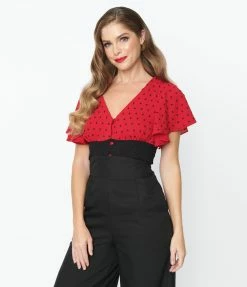 Unique Vintage Red & Black Dot Flutter Sleeve Blouse