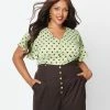 New Arrivals! Unique Vintage Plus Size Sage & Brown Dot Flutter Sleeve Blouse