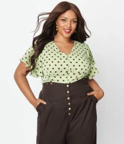 New Arrivals! Unique Vintage Plus Size Sage & Brown Dot Flutter Sleeve Blouse
