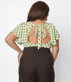 New Arrivals! Unique Vintage Plus Size Sage & Brown Dot Flutter Sleeve Blouse