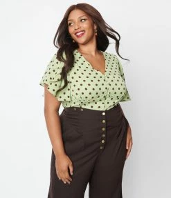 New Arrivals! Unique Vintage Plus Size Sage & Brown Dot Flutter Sleeve Blouse