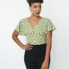 Unique Vintage Sage & Brown Dot Flutter Sleeve Blouse New Arrivals!