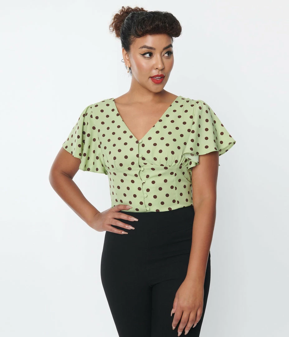Unique Vintage Sage & Brown Dot Flutter Sleeve Blouse New Arrivals!