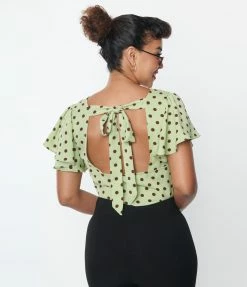 Unique Vintage Sage & Brown Dot Flutter Sleeve Blouse New Arrivals!