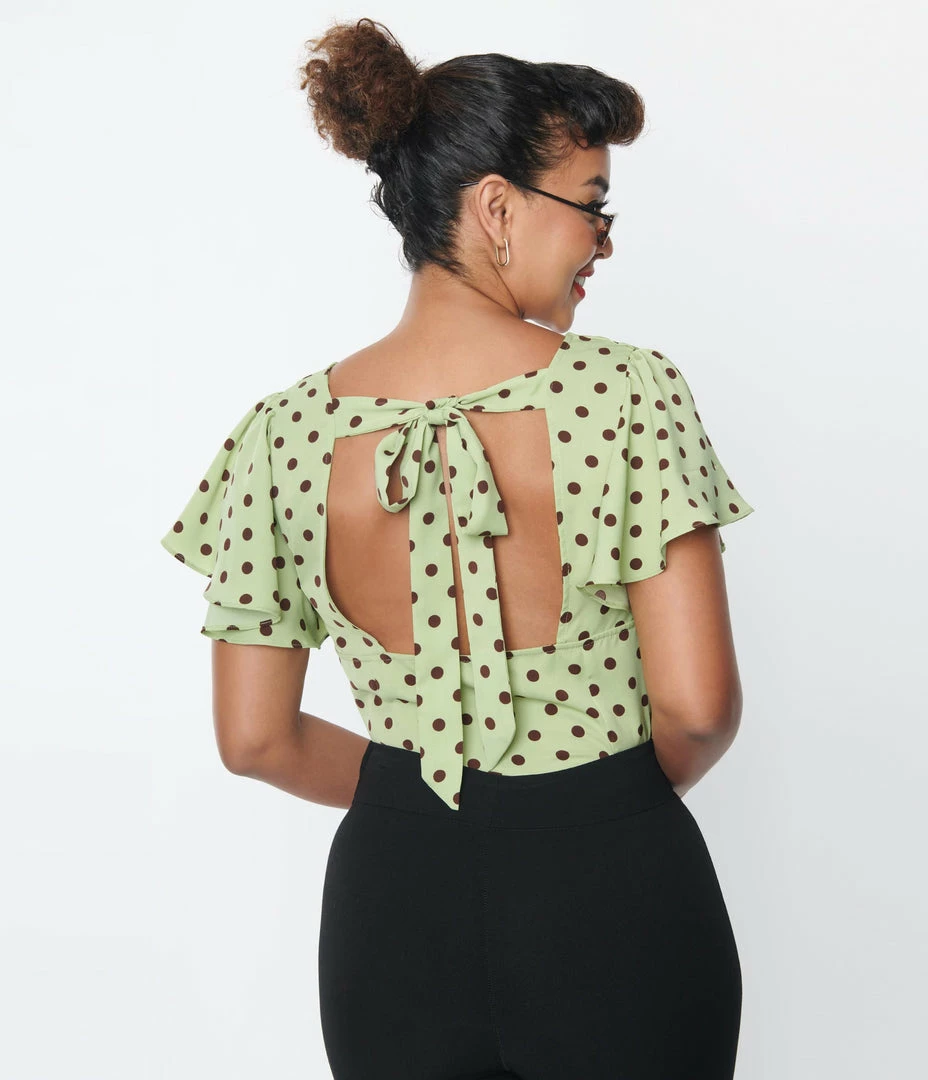 Unique Vintage Sage & Brown Dot Flutter Sleeve Blouse New Arrivals!
