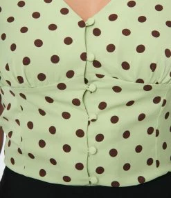 Unique Vintage Sage & Brown Dot Flutter Sleeve Blouse New Arrivals!