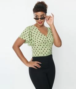 Unique Vintage Sage & Brown Dot Flutter Sleeve Blouse New Arrivals!