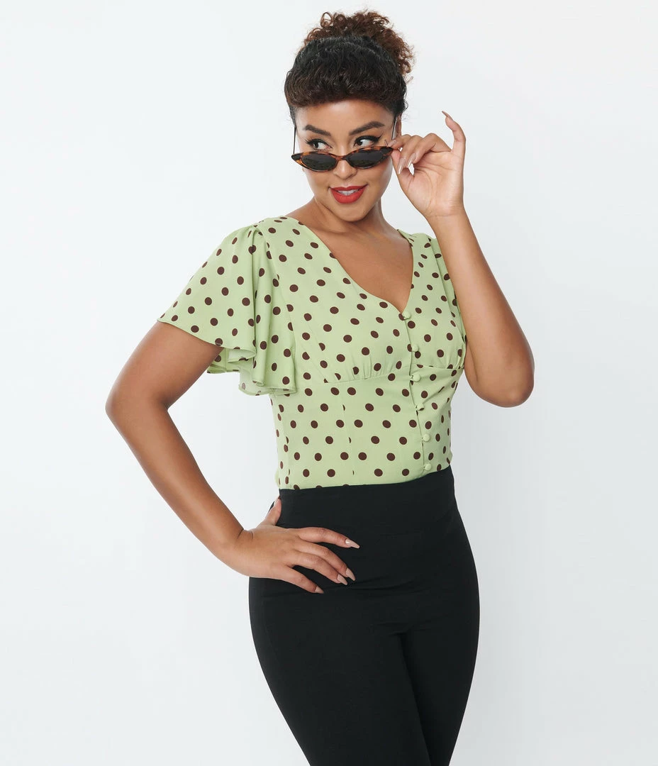 Unique Vintage Sage & Brown Dot Flutter Sleeve Blouse New Arrivals!