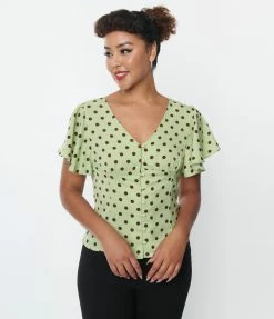 Unique Vintage Sage & Brown Dot Flutter Sleeve Blouse New Arrivals!