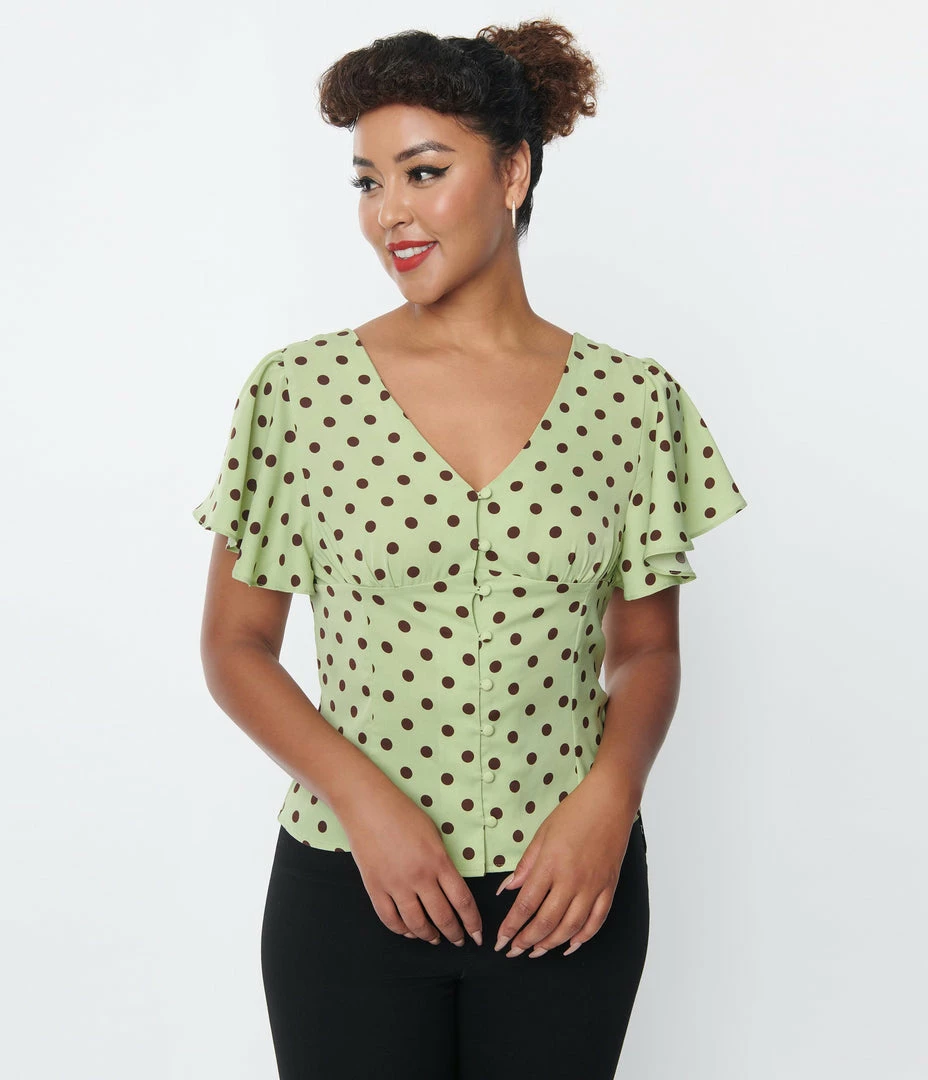 Unique Vintage Sage & Brown Dot Flutter Sleeve Blouse New Arrivals!