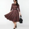 Trending Unique Vintage Burgundy & Black Buffalo Plaid Knit Devon Swing Dress