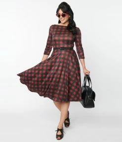 Trending Unique Vintage Burgundy & Black Buffalo Plaid Knit Devon Swing Dress