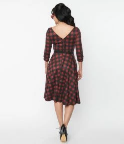 Trending Unique Vintage Burgundy & Black Buffalo Plaid Knit Devon Swing Dress