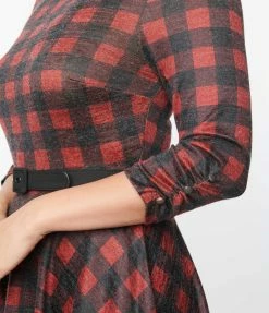 Trending Unique Vintage Burgundy & Black Buffalo Plaid Knit Devon Swing Dress