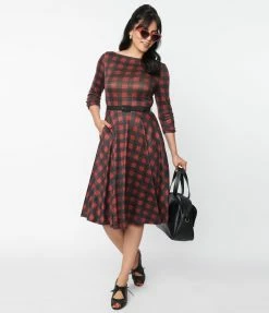 Trending Unique Vintage Burgundy & Black Buffalo Plaid Knit Devon Swing Dress
