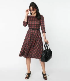 Trending Unique Vintage Burgundy & Black Buffalo Plaid Knit Devon Swing Dress