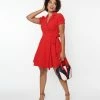 Unique Vintage Red Textured Houndstooth Wrap Dress New Arrivals!