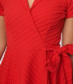 Unique Vintage Red Textured Houndstooth Wrap Dress New Arrivals!