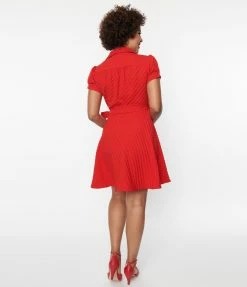 Unique Vintage Red Textured Houndstooth Wrap Dress New Arrivals!