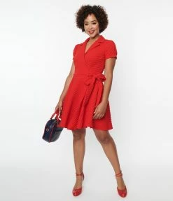 Unique Vintage Red Textured Houndstooth Wrap Dress New Arrivals!