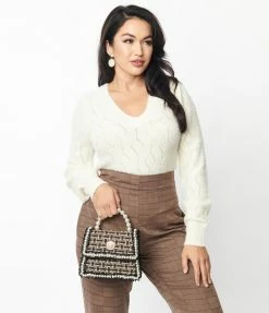 Clothing Unique Vintage Ivory Fuzzy Long Sleeve Sweater