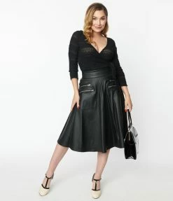 Clothing Unique Vintage Black Vegan Leather Vivien Swing Skirt