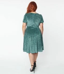 Unique Vintage Plus Size Dusty Blue Devore Stripe Velvet Flare Dress