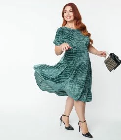 Unique Vintage Plus Size Dusty Blue Devore Stripe Velvet Flare Dress