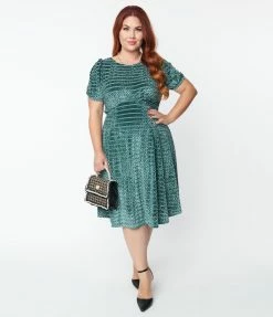 Unique Vintage Plus Size Dusty Blue Devore Stripe Velvet Flare Dress