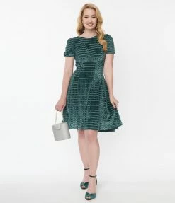 Unique Vintage Dusty Blue Devore Stripe Velvet Flare Dress