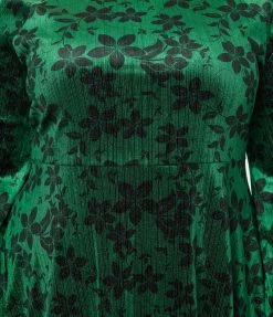 New Arrivals! Unique Vintage Plus Size Green Velvet & Black Floral Flare Dress