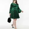 New Arrivals! Unique Vintage Plus Size Green Velvet & Black Floral Flare Dress