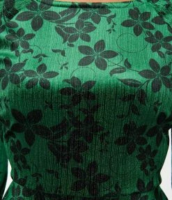 Unique Vintage Green Velvet & Black Floral Flare Dress