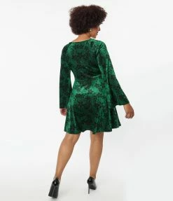 Unique Vintage Green Velvet & Black Floral Flare Dress