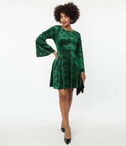 Unique Vintage Green Velvet & Black Floral Flare Dress