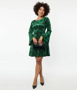Unique Vintage Green Velvet & Black Floral Flare Dress