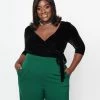 Unique Vintage Plus Size Black Velvet Surplice Bodysuit